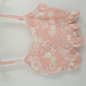 Altar'd State Floral Denim Crop Top with Ruffle Peplum Hem Straps Side Zip Sz:L